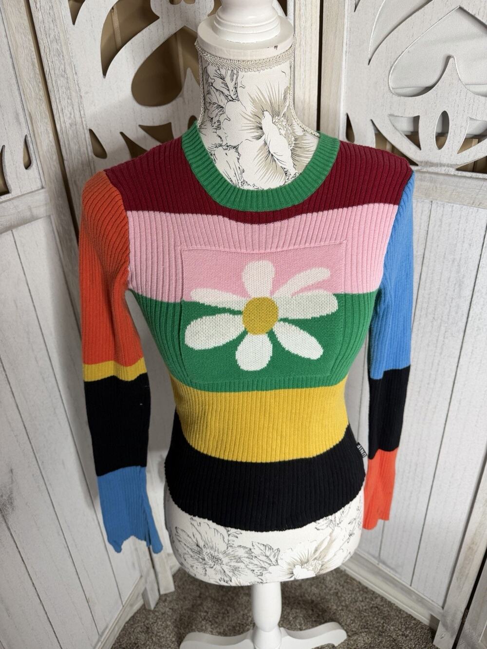 UNIF Dolly Sweater Rainbow Pullover Daisy Knit Ribbed Fitted Top Size Small
